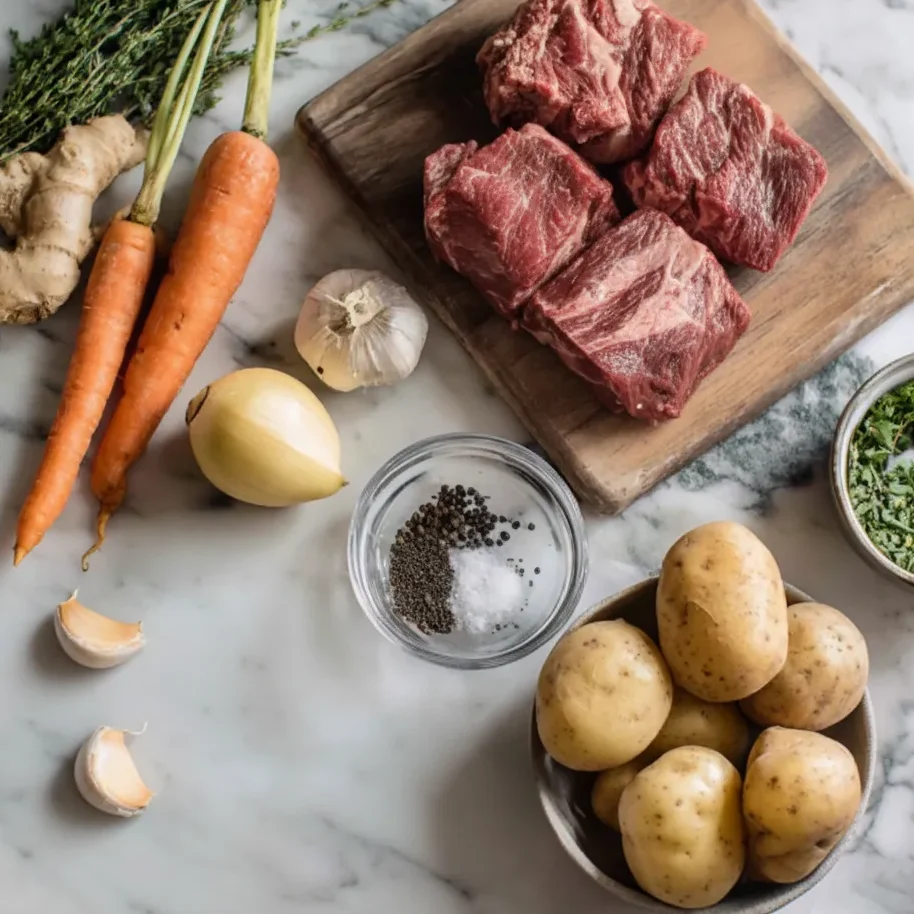 Guinness beef stew recipe ingredients including beef, potatoes, carrots, onion, garlic, herbs, and spices on a marble surface