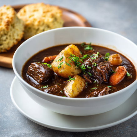 Guinness beef stew with rich gravy and soda bread