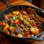 Hearty beef stew with vegetables in cast iron skillet