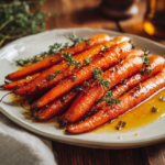 Honey roasted carrots served on a white platter with honey glaze