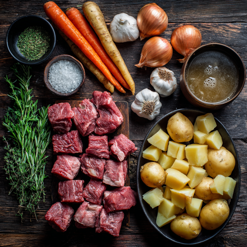 Irish beef stew ingredients with beef chunks, potatoes, carrots, onions, garlic, and herbs