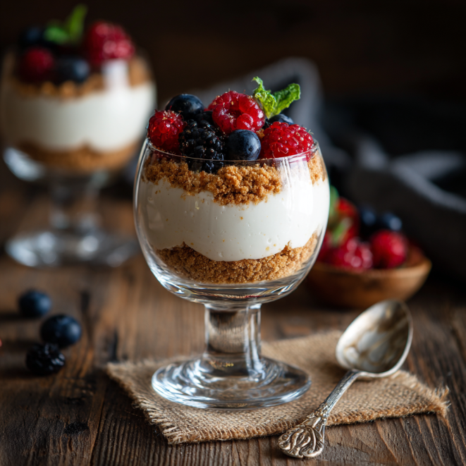 No bake cheesecake cup layered with graham crust, filling, and berries