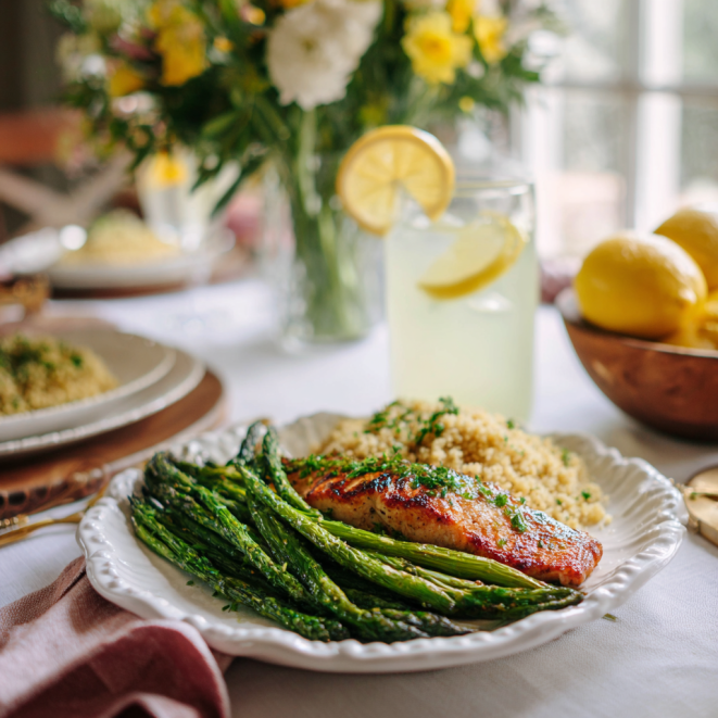 Lemon herb asparagus side dish served with salmon and sides