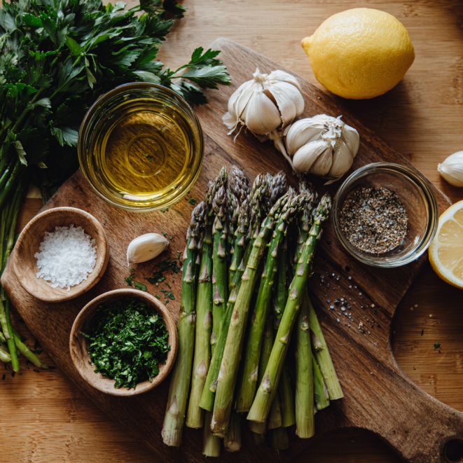 Fresh ingredients for lemon herb asparagus