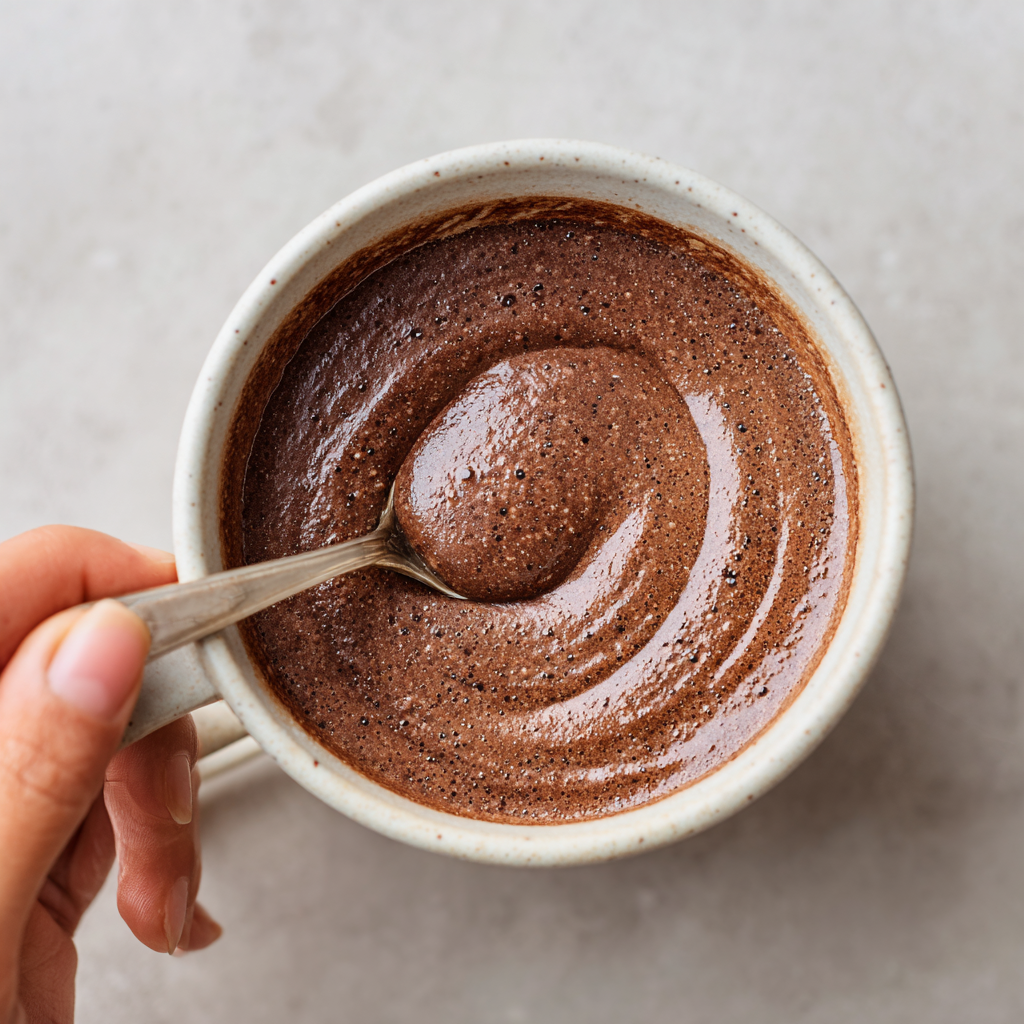 Mixing batter for microwave brownies in a mug