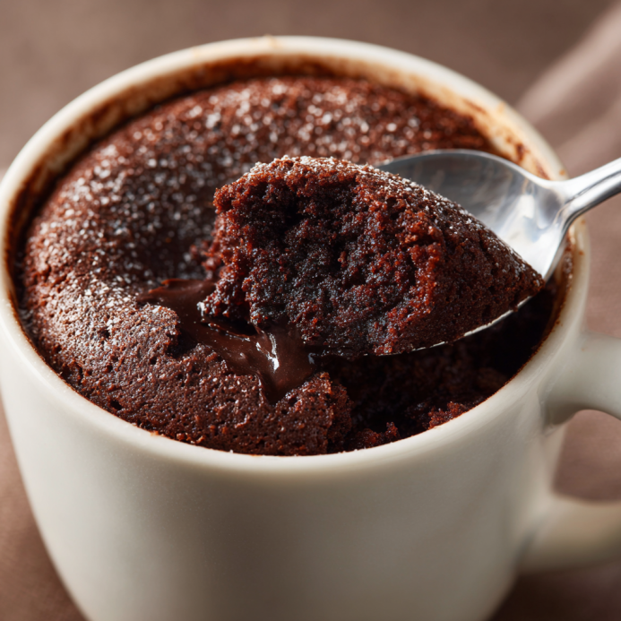 Cooked microwave brownies in a mug ready to serve