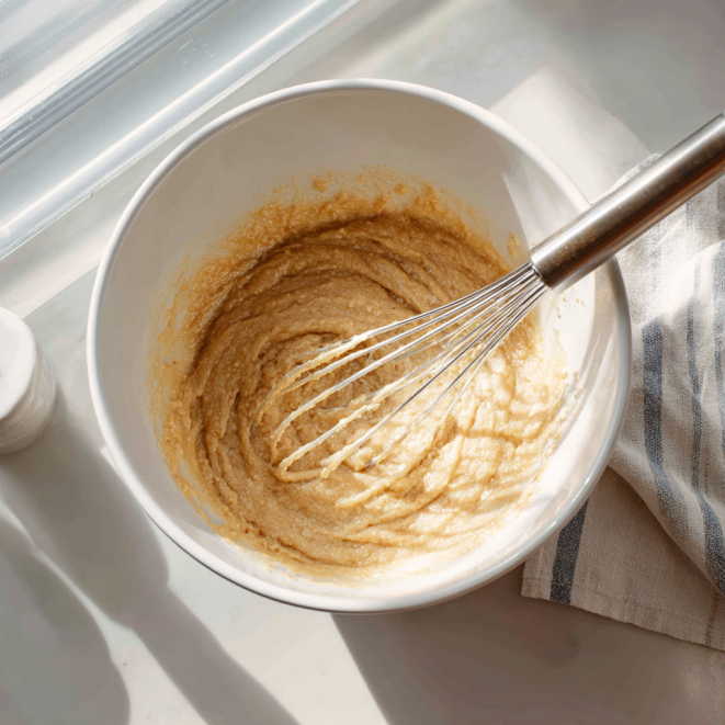 Mixing banana bread batter in white ceramic bowl