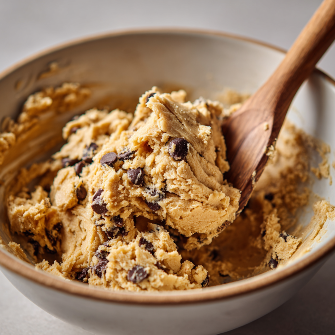 Mixing one bowl chocolate chip cookie dough with spoon