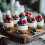 No bake cheesecake cups in clear glass bowls with graham cracker crust and whipped topping