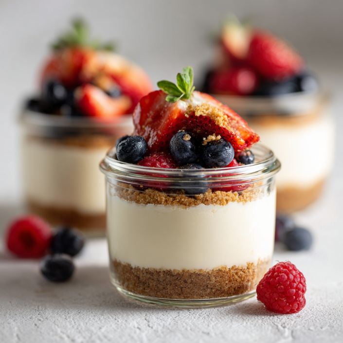 No bake cheesecake cups layered with graham crackers and berries