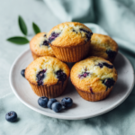 One bowl blueberry muffins baked with fresh blueberries served on a plate