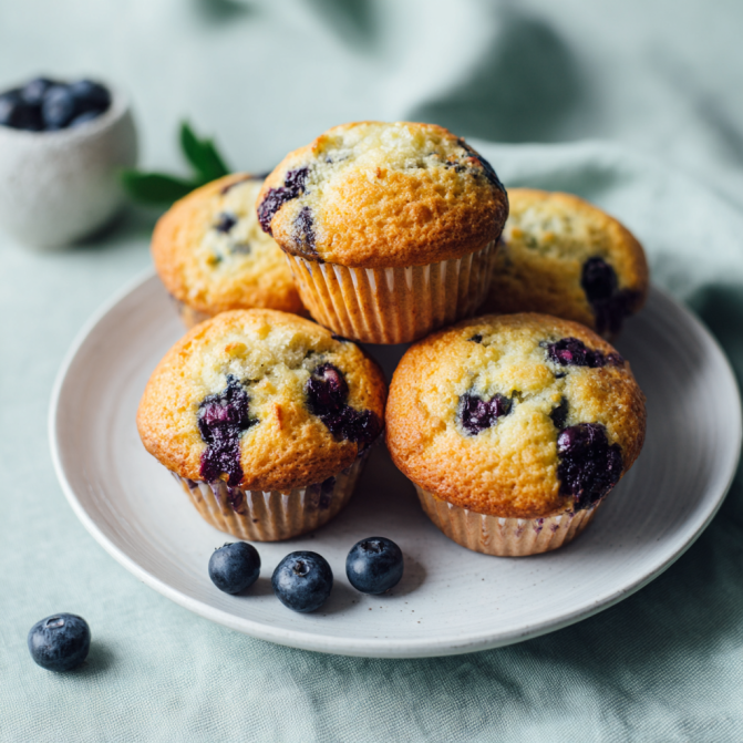 One-bowl desserts blueberry muffins with golden tops and fresh berries on a plate