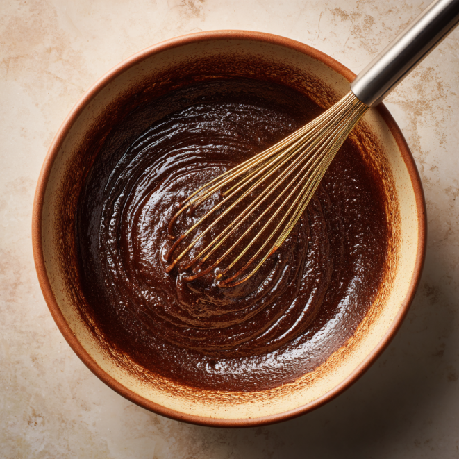 Stirring thick brownie batter in one bowl