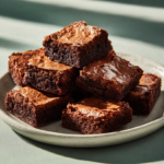 One bowl brownies with fudgy texture and shiny crackly tops stacked on a plate