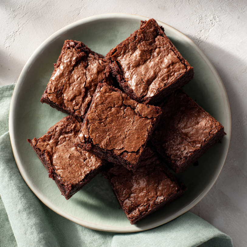 One bowl brownies with fudgy centers and crackly tops stacked on a plate