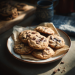 One bowl chocolate chip cookies on rustic wooden table