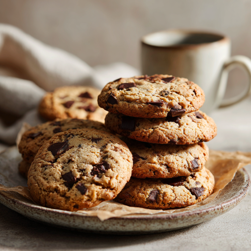 One bowl chocolate chip cookies with crisp edges and chewy centers stacked on a plate