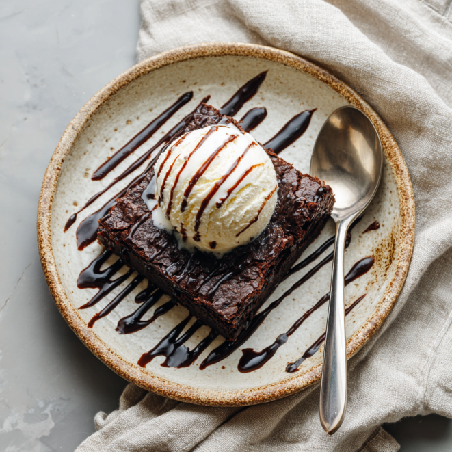 One bowl fudge brownies recipe served with vanilla ice cream and chocolate drizzle