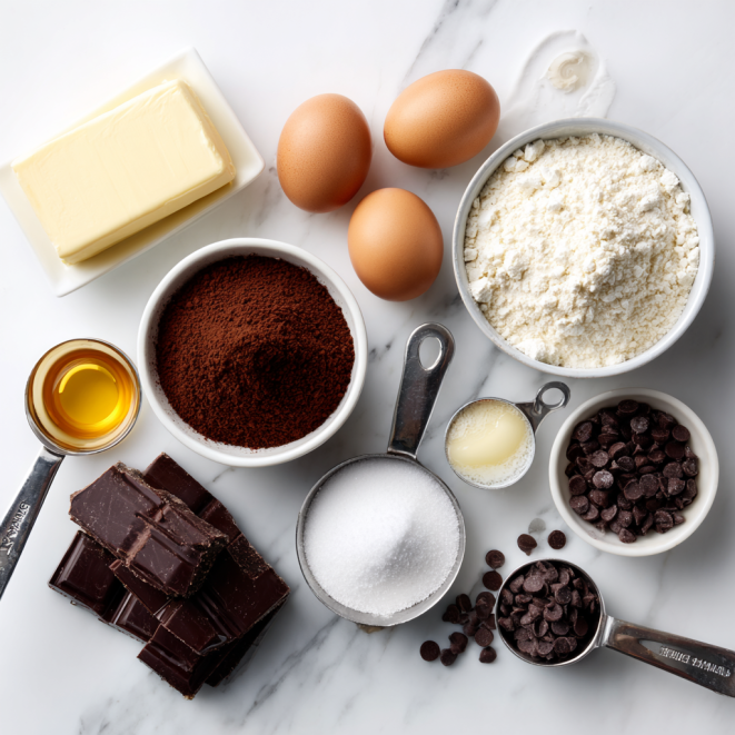 Ingredients for one bowl fudge brownies arranged flat lay
