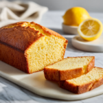 one bowl lemon loaf cake sliced on white table