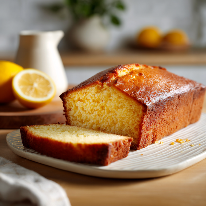 Sliced one-bowl lemon loaf with golden crust and fresh lemons in background
