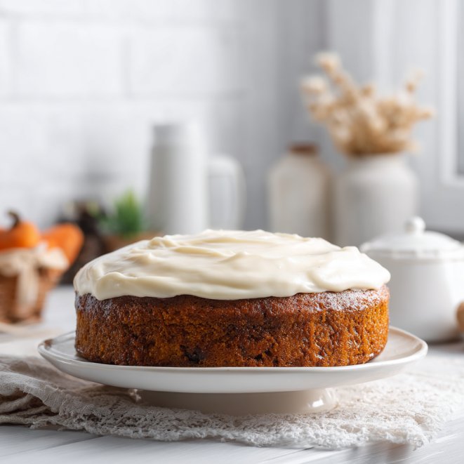 One bowl pumpkin cake recipe with cream cheese frosting on kitchen table