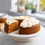 Full pumpkin cake with slices cut out, showing moist texture