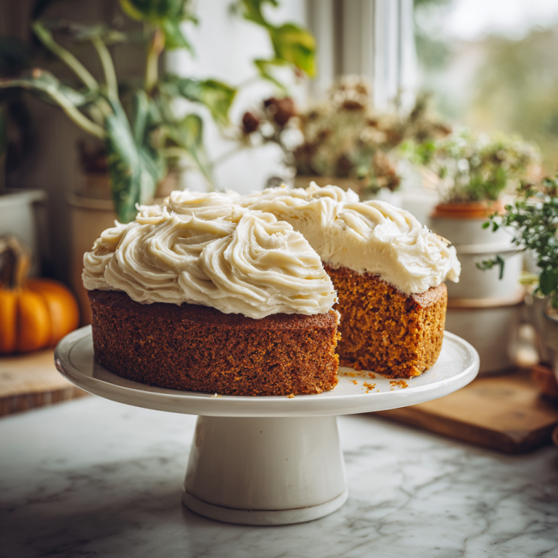 Moist one-bowl pumpkin cake with cream cheese frosting on white cake stand
