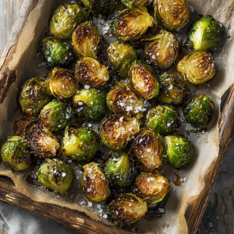Crispy oven roasted Brussels sprouts on a baking tray