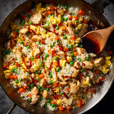 Quick Chicken Fried Rice with Vegetables in Skillet