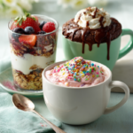 Quick desserts – fresh berry parfait, chocolate mug cake, and Booty Dip on a light green table