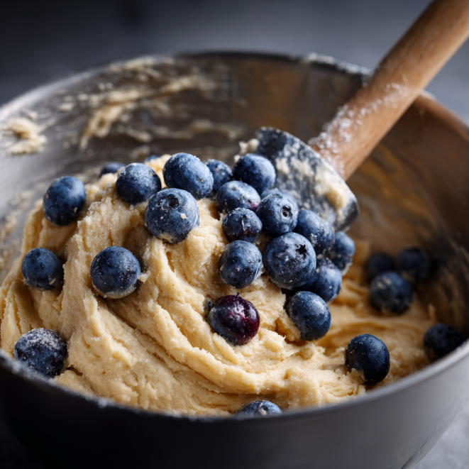 One bowl blueberry muffin batter with fresh blueberries being mixed in a bowl
