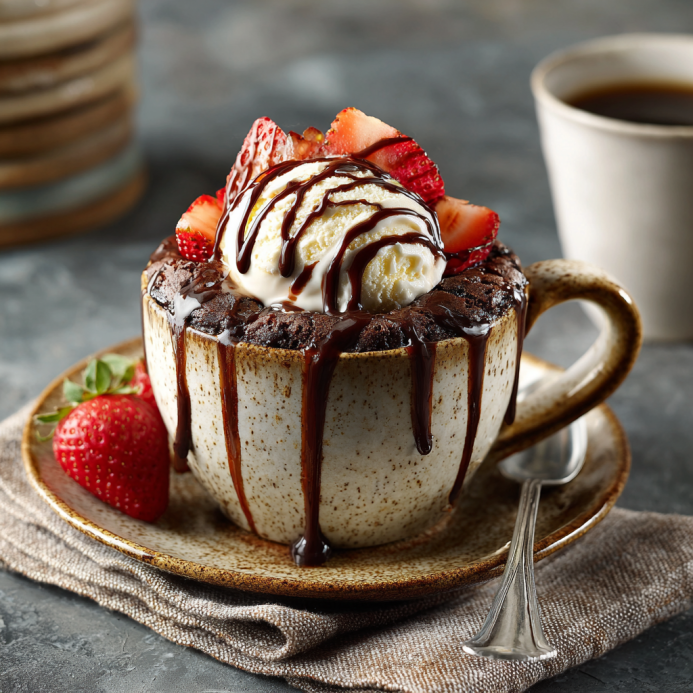 Quick mug brownies served with ice cream and toppings