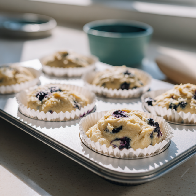 Raw blueberry muffin batter in liners on a sheet pan, ready to bake
