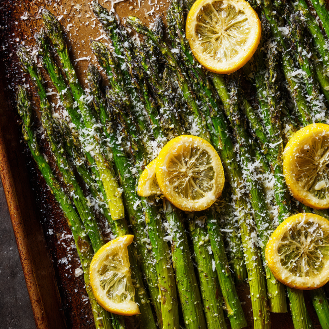 Roasted lemon herb asparagus fresh from oven