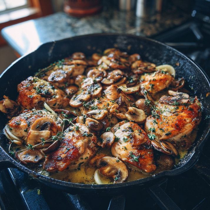 sautéing chicken and mushrooms for creamy rice bake
