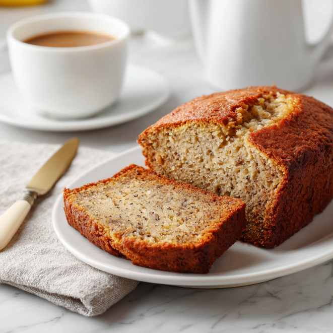 Moist banana bread slice served on white plate