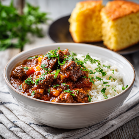 serving cajun beef stew recipe with rice