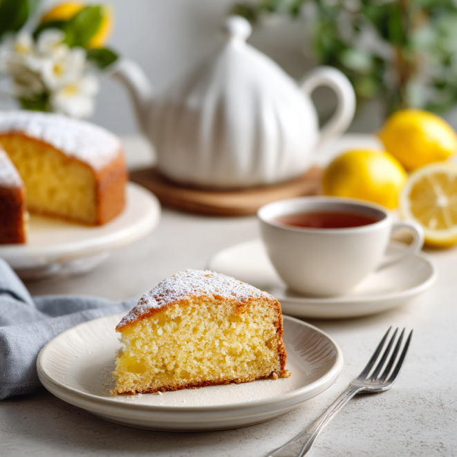 serving quick lemon cake slices on white plates