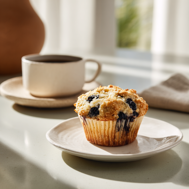 Single one bowl blueberry muffins recipe on a plate with coffee on a green table