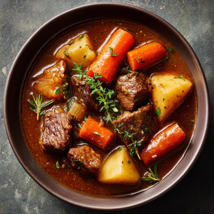 Slow cooker beef stew with tender vegetables and thick broth