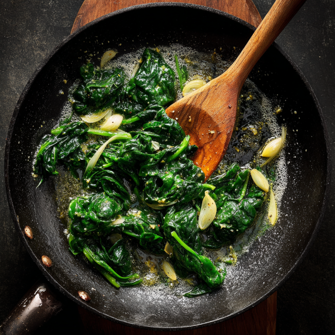 Spinach sautéing in butter and garlic for easy creamed spinach