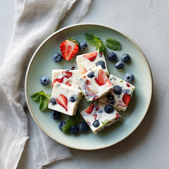 thin frozen yogurt bark squares with embedded berries