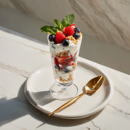 yogurt parfait with berries served in a tall dessert glass