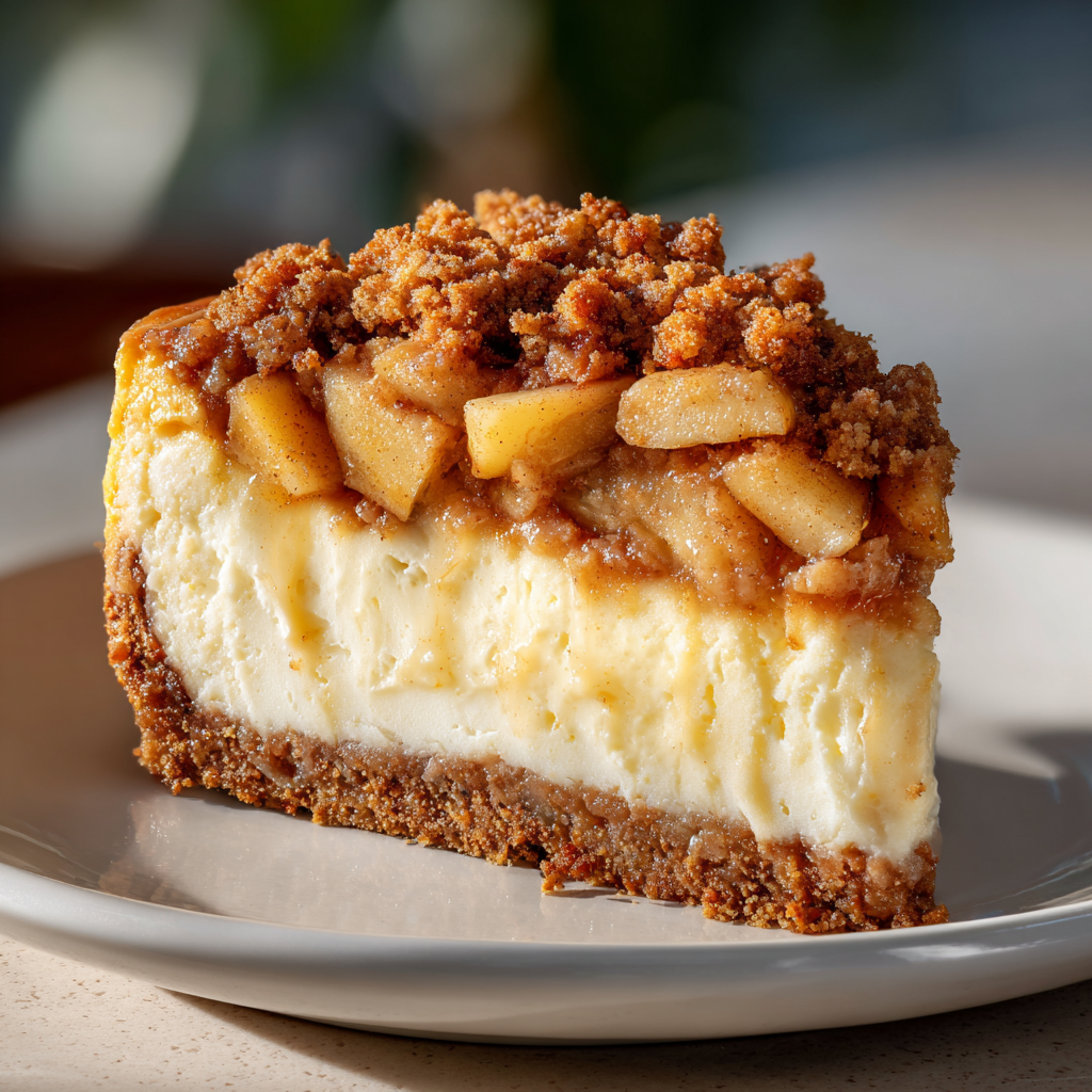 A slice of apple crumble cheesecake with cinnamon topping and creamy filling.