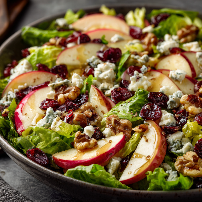 Autumn harvest apple salad with cranberries, walnuts, blue cheese, and honey vinaigrette