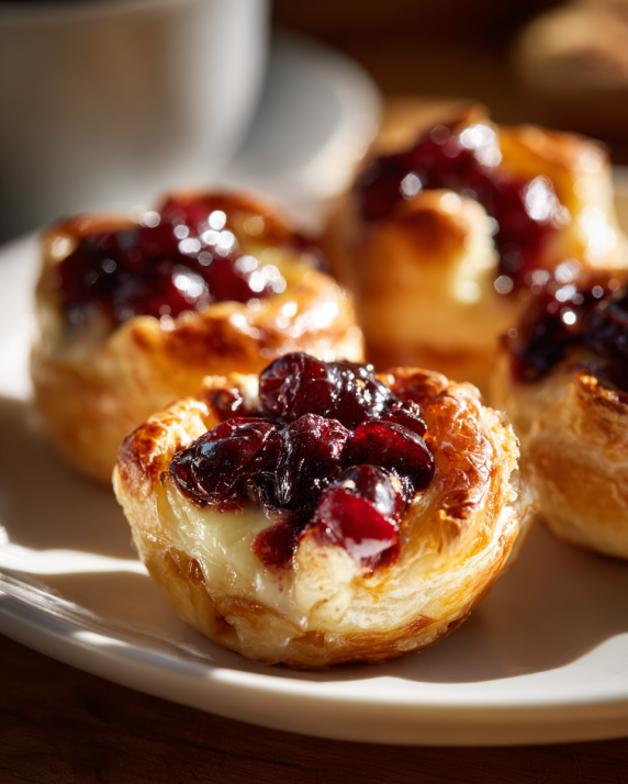 Baked cranberry brie bites with golden puff pastry and gooey cheese filling on a white plate