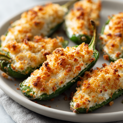 Baked jalapeño poppers with cream cheese filling.