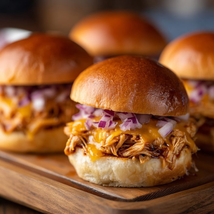 BBQ chicken sliders with cheddar and onions.