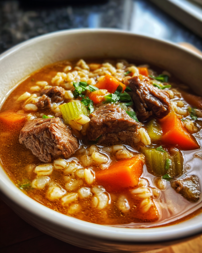 Hearty beef barley soup with tender beef and vegetables in a rustic bowl
